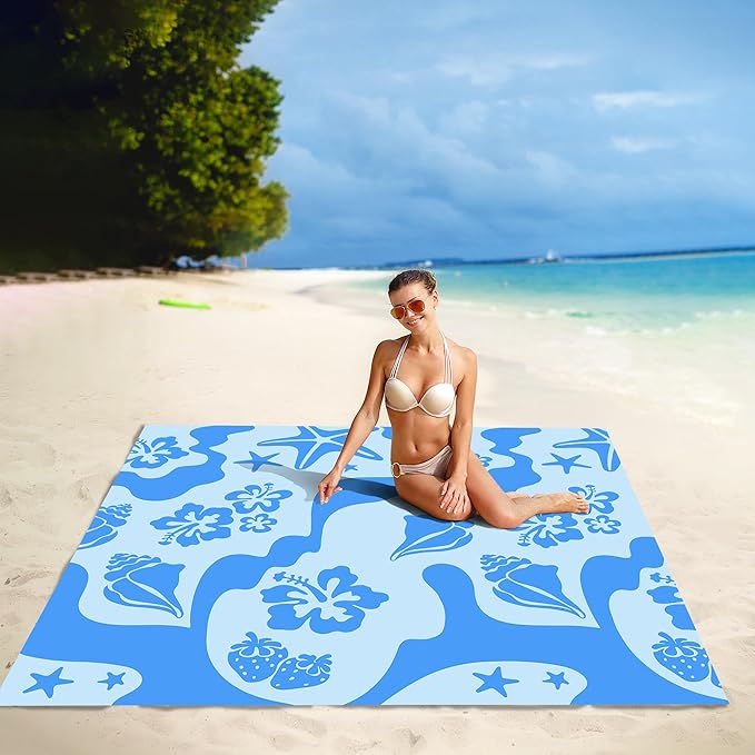 SkyNautre Waterproof Sandproof Beach Blanket, 110''×118'' Oversized Sand Free Beach Mat with 4 Stakes & Storage Bag, Extra Large Big Compact Outdoor Essentials for Beach, Picnic, Camping