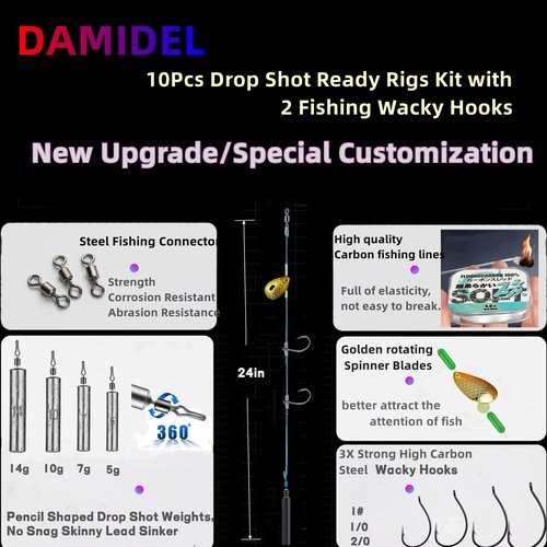 DAMIDEL 10Pcs Drop Shot Ready Rigs Kit with 2 Fishing Wacky Hooks,No Snag Skinny Sinker(1/2oz,3/8oz,1/4oz.1/5oz.), Spinner Blades， Fishing Bass Rig Cylinder Saltwater Freshwater 5g