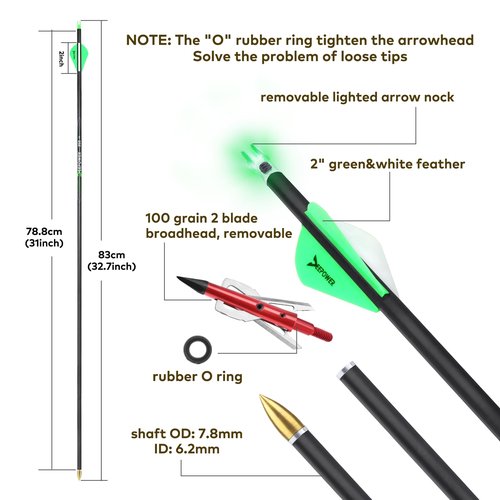 DEEPOWER 31 inch Hunting Arrows 100% Carbon Arrows 6 Pack with Mechanical Broadhead Nocks for Compound Bow and Recurve Bow(Spine 350)