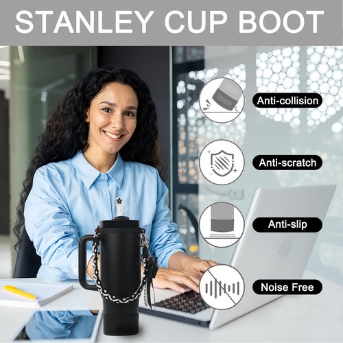 BELSITA Stanley Cup Accessories Set - Pearl Chain Braided Design Water Bottle Handle Strap, Silicone Boot, Charms for 30/40oz Tumble (Black)