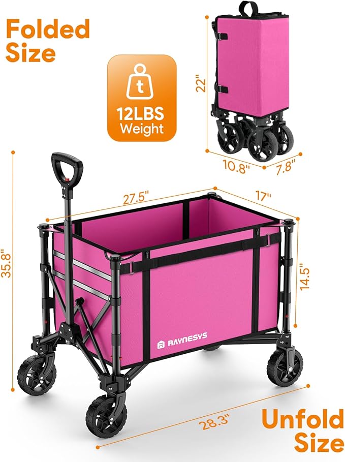 3 in 1 Collapsible Wagon Converts to Bench, 220lbs Foldable Wagon Cart with Wheels, 120L Shopping Cart for Groceries Folding Utility Wagon for Beach, Garden, Camping, Sport, Wheelbarrows, Pink