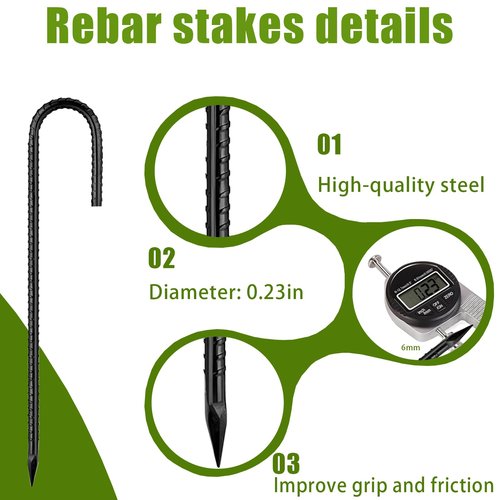 Rebar-Stakes-12Inch,J Hooks Ground Stakes Anchors for Gardening Black Coated Ground Stakes 4pcs Anti-Rust Heavy Duty Dog Fence Fixed Water Pipes Soccer Goals Tent Camping Trampoline