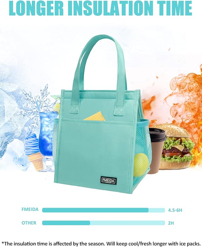 Fmeida Insulated Lunch Bag Women, Simple Lunch Tote Bags, Waterproof Thermal Cooler Lunch Bag, Reusable Adult Lunch Box Bag for Women | Small Mint Blue, Front&Side&Interior Pockets
