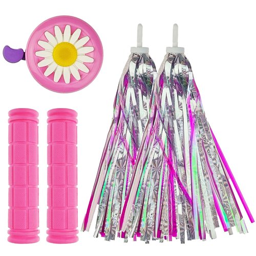 Zelerdo 1 Pair Bicycle Bike Handlebar Scooter Streamers,1 Pack Bike Bell and 1 Pair Bicycle Bike Grips (Pink Bell)