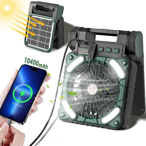 Solar Powered Portable Camping Fan,10400mAh rechargeable Solar Power Cordless Battery Fan with LED Lantern | 4 Wind Speeds Adjustable | 3 Timers Modes | Quiet , Perfect for Tent, Fishing ,Picnic