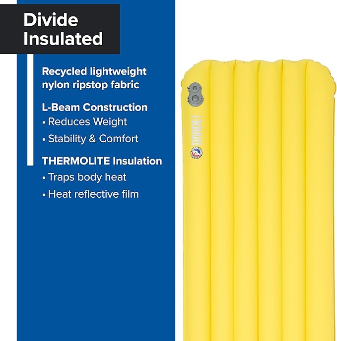 Big Agnes Divide Insulated | Lightweight, Compact, 3-Season Air Chamber Sleeping Pad, Regular, Warm Olive
