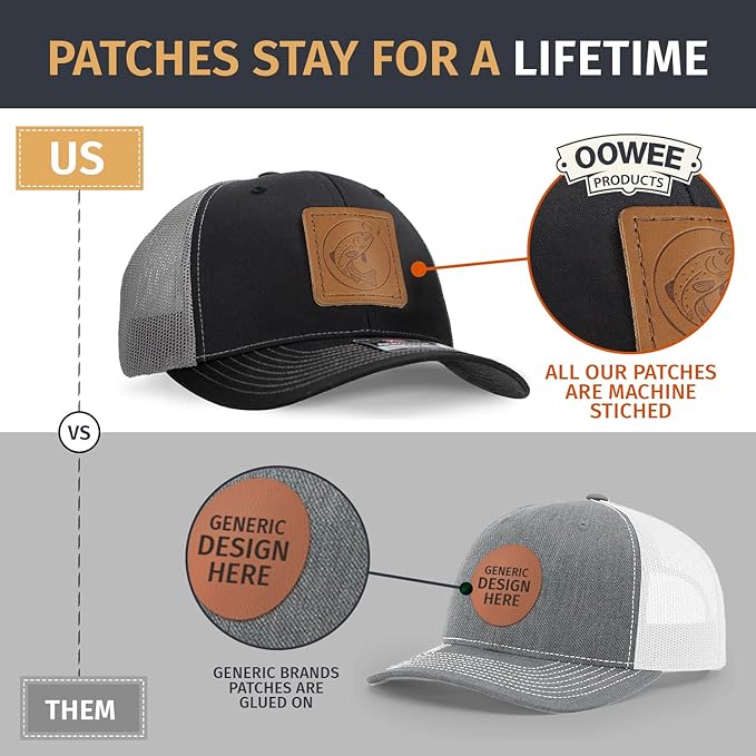 Leather Patch Hat for Men - Richardson 112 Trucker Hat w/Full-Grain Leather Patch, Laser-Engraved, Machine-Stitched