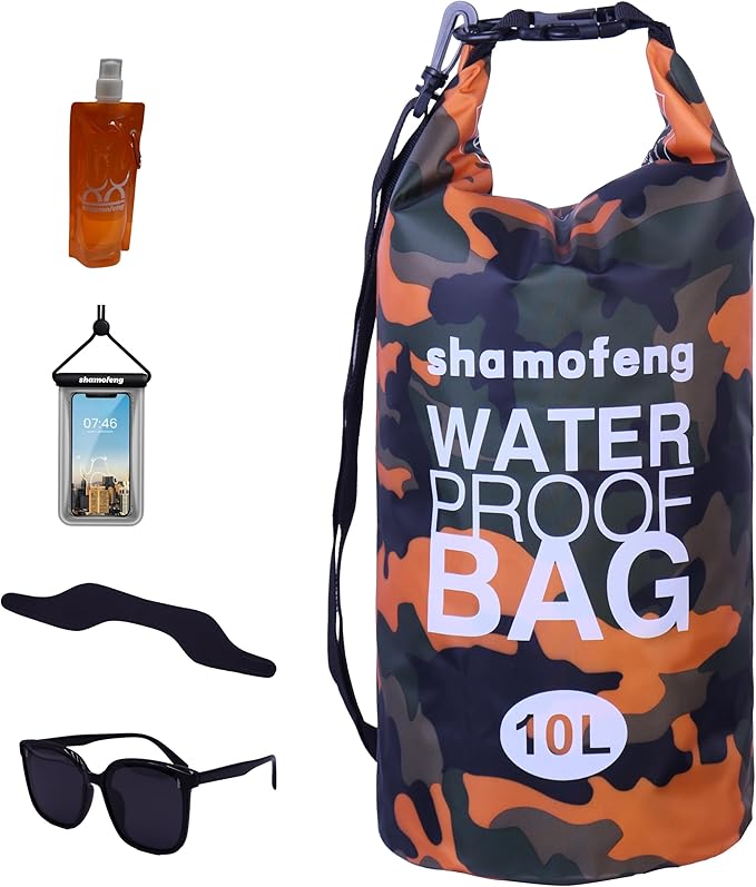 Waterproof Dry Bag Combo 5-30L Roll Top Dry Storage Bag Backpack for Kayaking Boating Beach Camping Travel Fishing, w/Phone Case & Collapsible Water Bottle & Sunglasses & Ear Band,Orange 30L