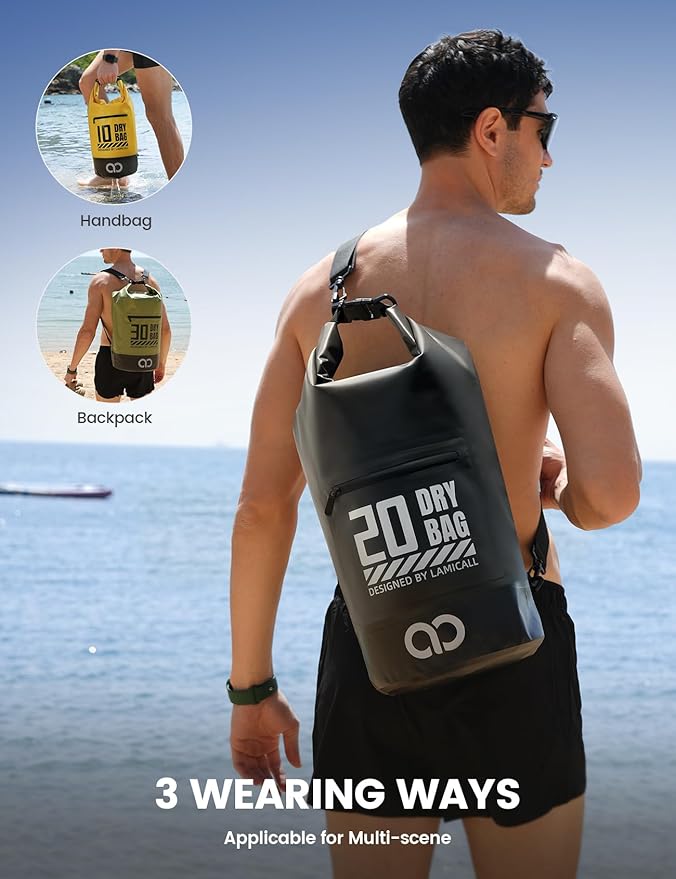Lamicall Dry Bag Waterproof Backpack - [Zippered Pocket] 10L/20L Roll Top Waterproof Bag with Water proof Phone Case, Floatable Drybag for Swimming, Boating, Kayaking, Camping, Beach