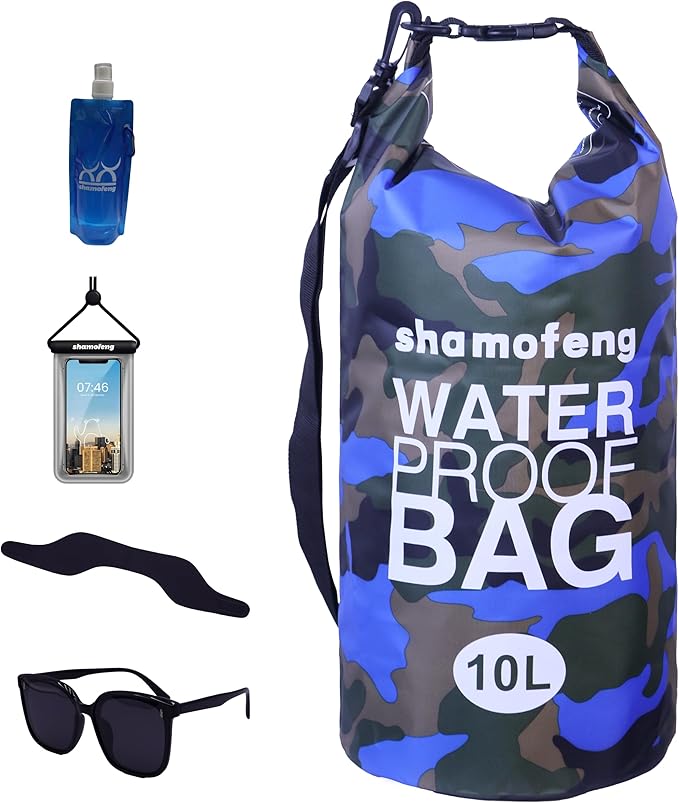 Waterproof Dry Bag Combo 5-30L Roll Top Dry Storage Bag Backpack for Kayaking Boating Beach Camping Travel Fishing, w/Phone Case & Collapsible Water Bottle & Sunglasses & Ear Band,Blue 30L