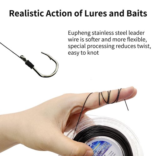 Eupheng Nylon Coated 1x7 & 7x7 Stainless Steel Leader Wire, Knottable Fishing Wire Leader Line for Saltwater, 20lb - 135lb Test in Black, Red in 30ft, 100ft Lengths, with Crimps Sleeves