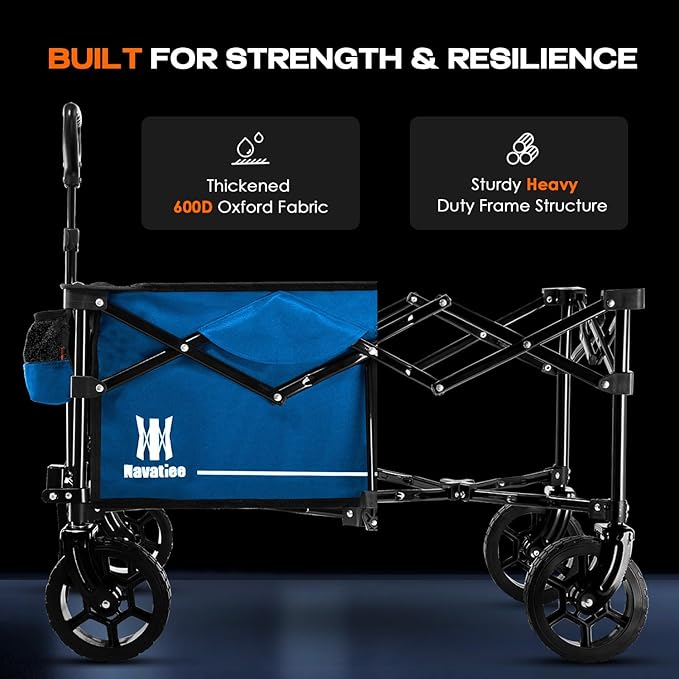 Navatiee 130L Collapsible Folding Wagon, Large Capacity Foldable Wagon with Silent All-Terrain Wheels, Utility Grocery Wagon Cart for Camping Shopping Outdoor, Blue
