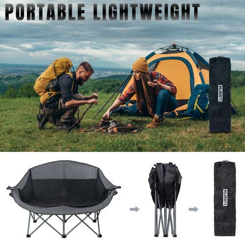 WILDROOTS Outdoor Folding Double Camping Chair Adults 2 Person,Heavy Duty 600 LBS Loveseat with 2 Cup Holder,Portable Carry Bag Included for Camping,Lawn,Backyard,Movie