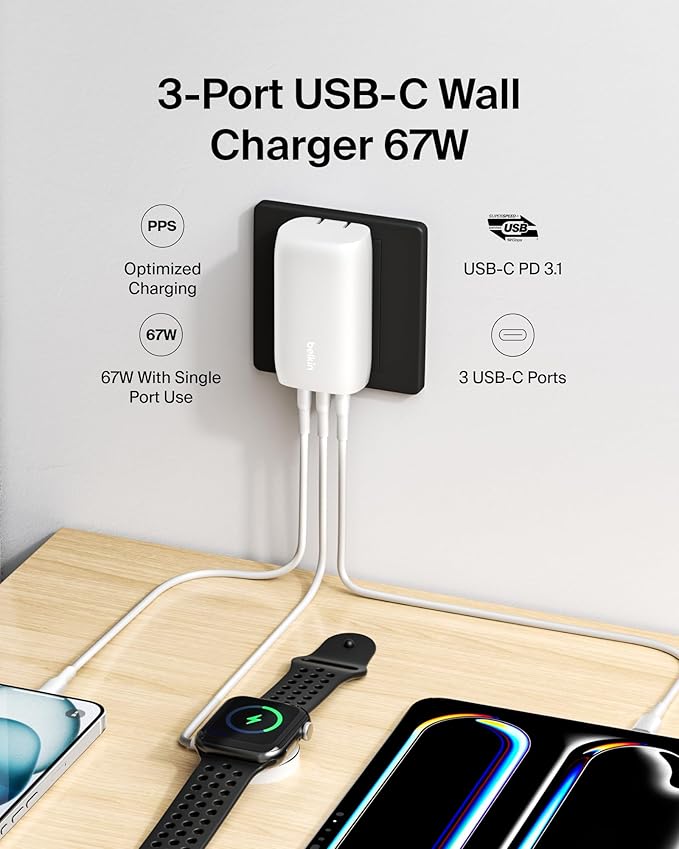 Belkin 3-Port USB C Charger Block 67W - PPS, USB-C PD3.1 Super Fast Charging Charger - Samsung Galaxy S25, Apple iPhone 16, MacBook Pro, AirPods, Nintendo Switch 2 & Other PD Enabled Devices - White