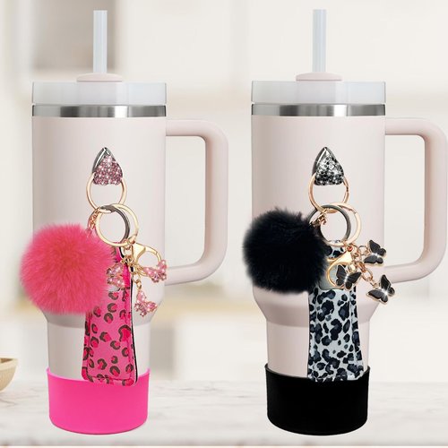 VirgoCCY 5PCS Water Bottle Boots Cover Mini Bling Hooks Lipstick Sleeve Cute Hanging Charm Keychain for Stanley Cup 30&40 Oz, Stanley Accessories Siliocne Water Bottle Boots, Hot Pink