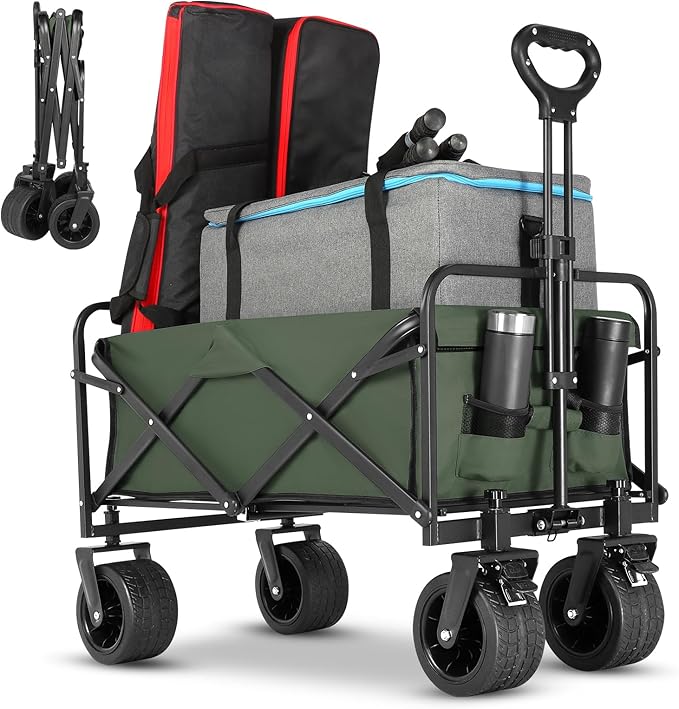 Beach Wagon,Collapsible Foldable Wagon Cart with Big Wheels,Utility Folding Grocery Lounge All Terrain Wagon with Side Pocket and Brakes for Sand Camping Sports Outdoor(Green).