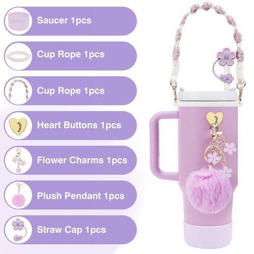 Purple 7PCS Stanley Cup Accessories Set for 30oz 40oz Tumbler - Includes Water Bottle Handle Strap, Cup Boot, Straw Cover, Handle Charm
