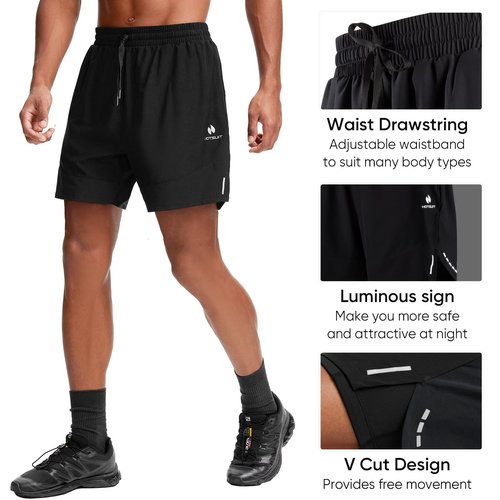 HOTSUIT Men's 2 in 1 Gym Shorts 5" Athletic Running Shorts Quick Dry for Workout with Zipper Pockets, Black, 2XL