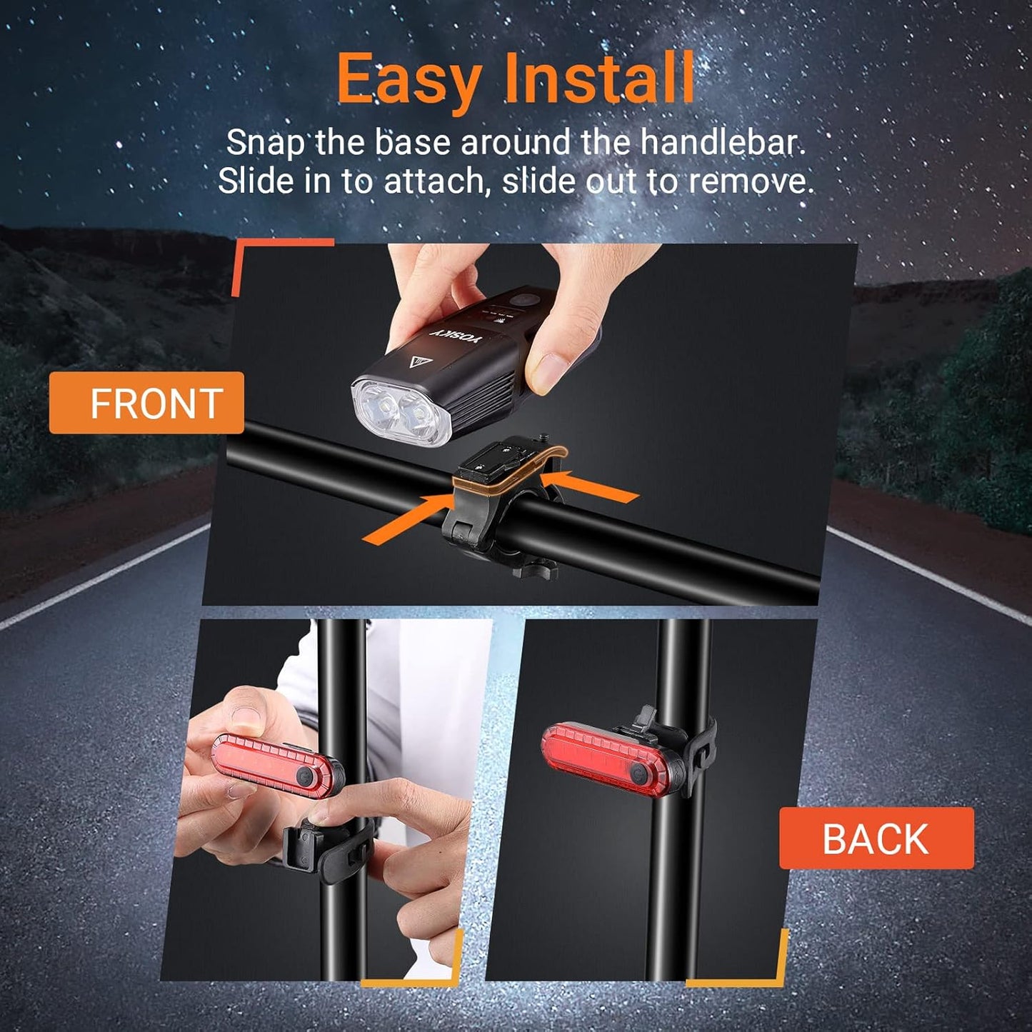 Yosky USB Rechargeable Bike Light Set - EVO 5400mAh Smart Bike Headlight and Tail Light - Super Bright Bike Light Front and Back for Adults Kids Men Women Night Riding