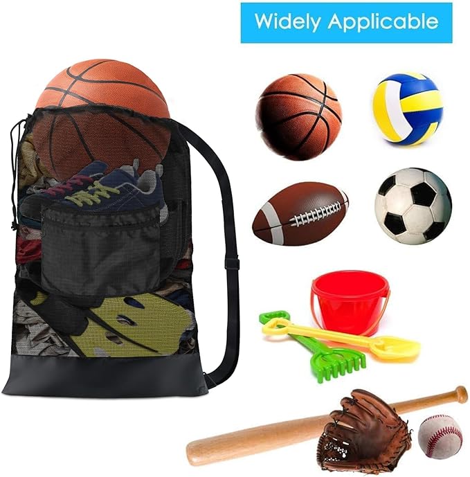 BROTOU Sports Mesh Bag Sports Equipment Bags Heavy Duty Drawstring Backpack Sport Balls Bag for Beach, Travel, Gym, Swimming Gear with Shoulder Strap