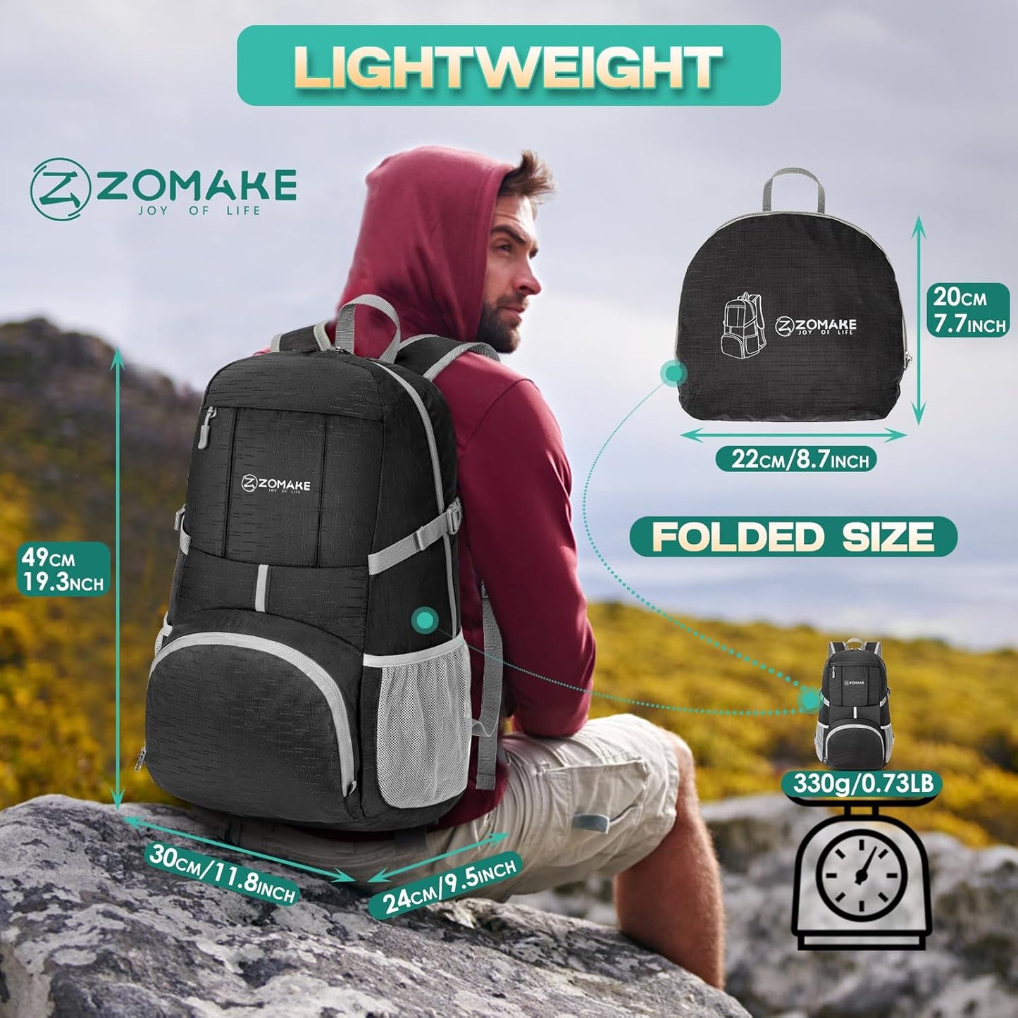 ZOMAKE Lightweight Packable Backpack 35L, Light Foldable Backpacks Water Resistant Collapsible Hiking Bag, Compact Folding Day Pack for Travel Camping(Black)