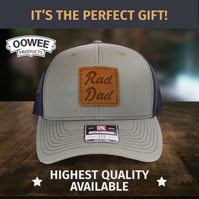 Leather Patch Hat for Men - Richardson 112 Trucker Hat w/Full-Grain Leather Patch, Laser-Engraved, Machine-Stitched