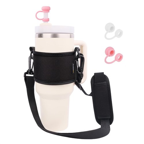 LUCKINEE Water Bottle Carrier Holder with Shoulder Strap Water Bottle Handle Strap Sling for Stanley 30&40oz Tumblers With 2pc Straw Covers Toppers for Stanley Cup Holder (Black)