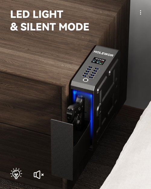 HOLEWOR Gun Safe, Slider Biometric Pistol Safe Fingerprint Bedside Gun Lock Box, 3 Ways Quick Access Mounted Handgun Case for Nightstand, Bed, Desk, Wall, Dresser