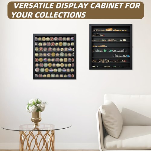 Large Display Case for 1/64 Scale Model Cars, Wall-Mounted or Freestanding Wood Display Cabinet for Hot Wheels, Rocks, Challenge Coins, Mini Toys, Minifigures, UV Protection Shadow Box, Black