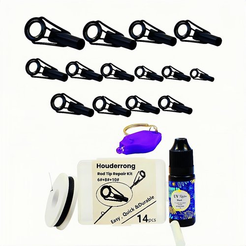 Houderrong Fishing Rod Repair Kit with 14 Sizes Rod Tips,Complete Supplies for Fishing Rod Tiptop Guides Replacement with Fishing Pole Eyelets and Wrapping Thread.