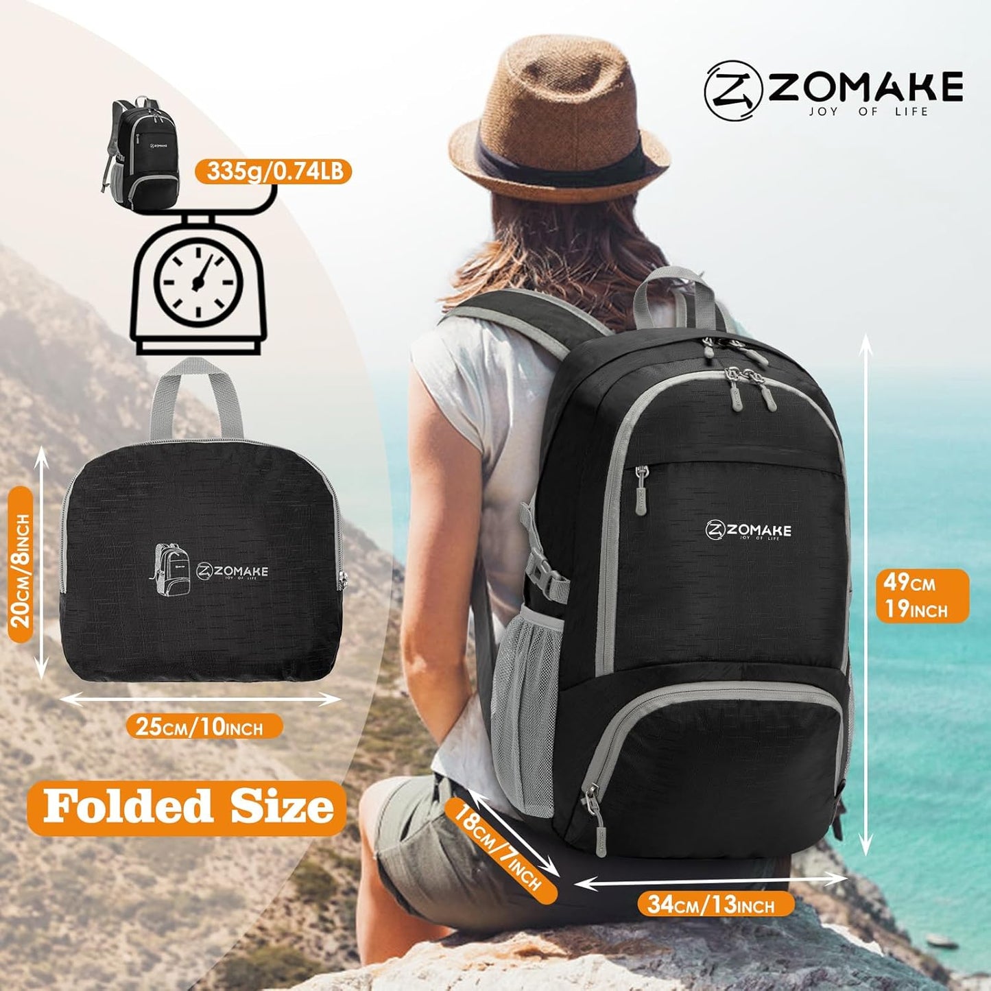 ZOMAKE Lightweight Packable Backpack 30L, Foldable Hiking Backpacks Water Resistant Compact Folding Daypack for Travel(Black)