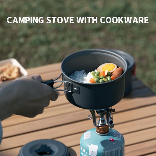 WAILAMHK Camping Cookware Mess Kit, 13 pcs Backpacking Cookware Set, Lightweight Camping Pots and Stove Set for 1-2 Person, Outdoor Cooking Gear Ideal for Camping, Hiking, Backpacking and Picnic