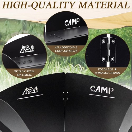 Camping Stove Windscreen Steel Camp Stove Windscreen 4 Plates Steel Folding Camping Stove Windshield with a Storage Bag and Compartment for Camping, Hiking, Picnic, Backpacking, Cooking (Black)
