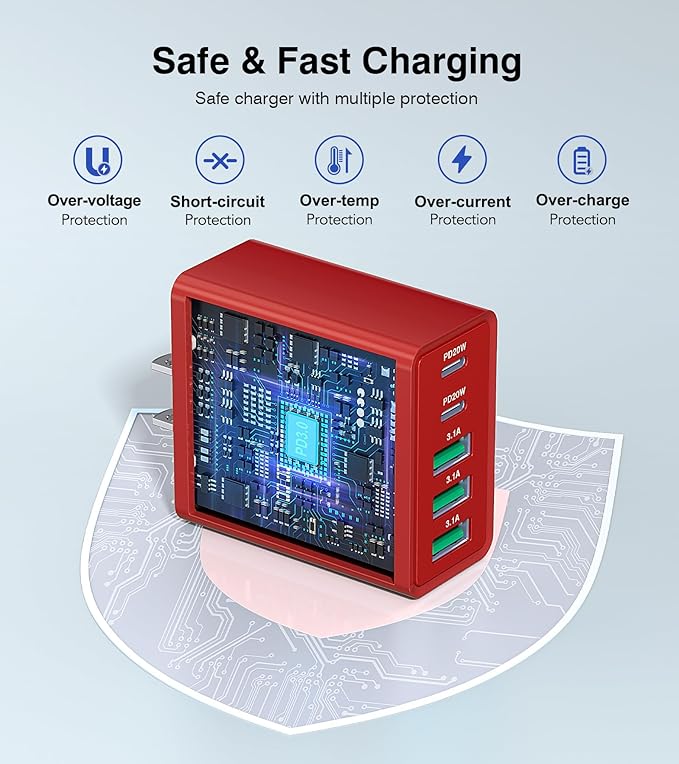 Red 2Pack 50W USB C Charger 5-Port PD Fast Charging Blocks, QC 3.0 USB A Multiport Plug, Type C Power Adapter Brick Cube for iPhone 16/15/14/13/Pro, Samsung, Switch, Pixel