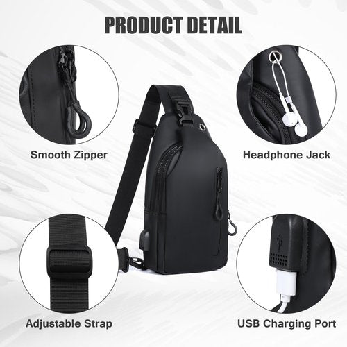 VALUEQLO Sling Bag for Men, Waterproof Chest Pack with USB Charging Port and Headphone Hole, Adjustable Left/Right Shoulder Crossbody Bag for Travel, Sport, Hiking, Running,Black