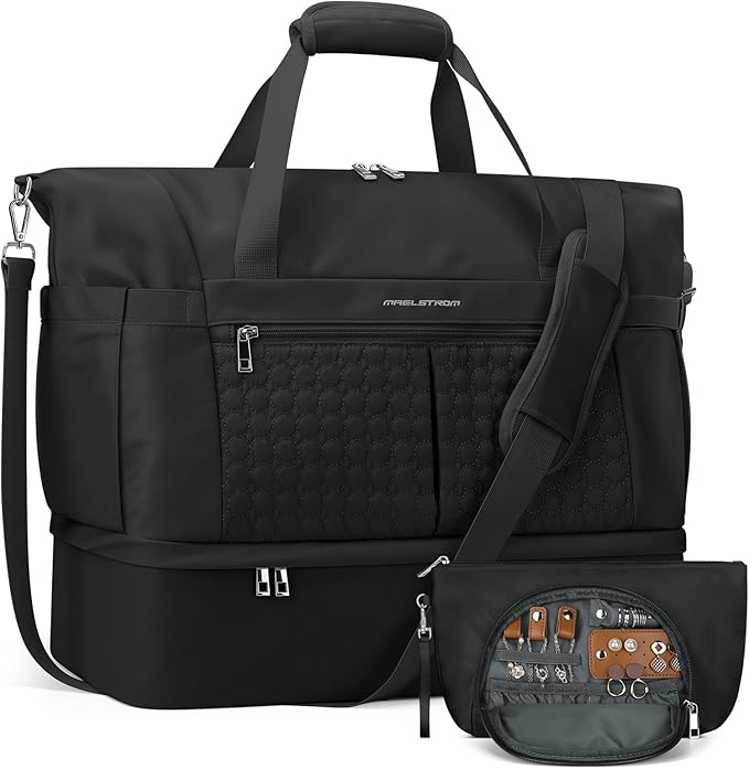 Maelstrom Gym Bag for Women,40L Travel Duffel Bag with Shoes Compartment and Wet Pocket,Waterproof Carry On Weekender Bag,Sport Gym Tote Bags Swimming Yoga, Hospital Holdalls-Black
