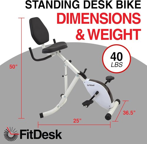 FitDesk Adjustable Exercise Bike Desk - Digital Monitor, 8 Resistance Levels, Foldable, Supports 242 lbs, White