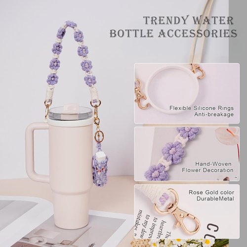 PWMENLK Premium Charms Stanley Cup Accessories, Versatile Cup Holder with Strap for 14oz, 30oz, 43oz Water Bottle, Braided Flower Jewelry Rope for Cup Carrier