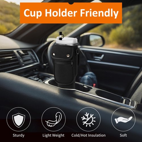 AceTreker 40/30 oz Stanley Cup Sleeve Bag with Paracord Handle, Neoprene Stainless Steel Travel Tumbler Holder with 2 Pockets, Metal Coffee Mug Sling with Straw Cover for Walking Driving Gym-Black