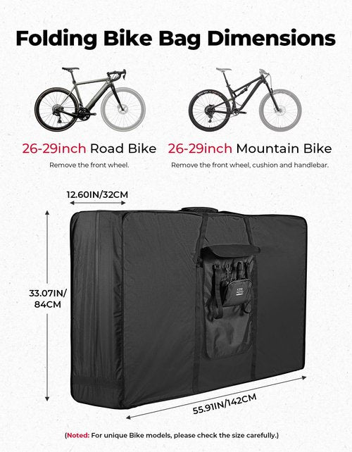KEMIMOTO Bike Travel Bag Airplane for 26 to 29 inch Mountain Bicycle, 900D Heavy Duty Folding MTB Bike Box Case with Wheels Pack for Air Travel Flights, Water-resistant Cycling Transport Storage