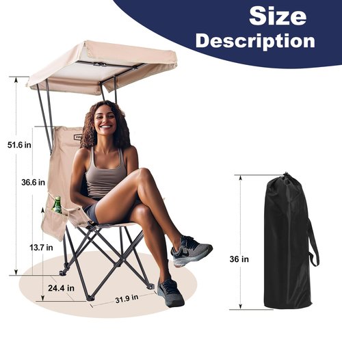 YOUNG WOOD Portable Camping Chair Beach Chair with Shade Canopy, Fold Lightweight Oversized Suit for All, Easy to Open,Close Without Installation, Side Pocket Design for All Outdoor Activities,Khaki