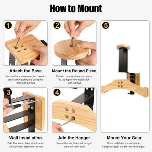 yolowbaas Tactical Gear Stand, Holds 100 LBS Wall Mounted Police Gear Rack, Heavy-Duty Body Armor Stand, Solid Wood Airsoft Plate Carrier Hanger, Motorcycle Helmet Holder Wall Mount Display