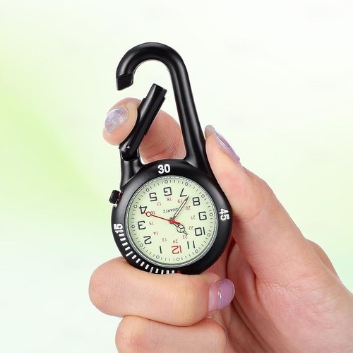 Clip-on Light Alloy Unisex Backpack Buckle Belt fob Watch Black with White dial Ideal for Doctors Climbing (Black)