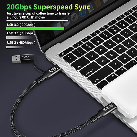 CABLEDECONN USB2.0 A to USB C 3.2 Type C 20Gbps Male to Male Detachable 2m 6.6ft Cable Data Extension 10Gbps 240W Fast Charge 8K Ultra HD Video Data Connection Power Line