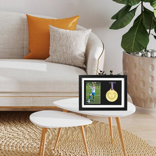 QWORK Medal Display Shadow Box, 1 Medal Display Case and 1 Photo, Black A4 Size, 3-3/4"x5-5/8 Inner Frame Photo Size