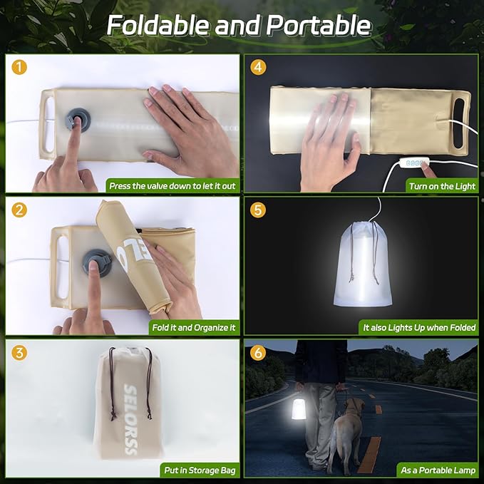 SELORSS Portable Inflatable Folding Outdoor Camping Light, IP66 Waterproof Standard with USB Plug for Camping, Hiking, Traveling and Other Outdoor environments.(Khaki Two-Piece)