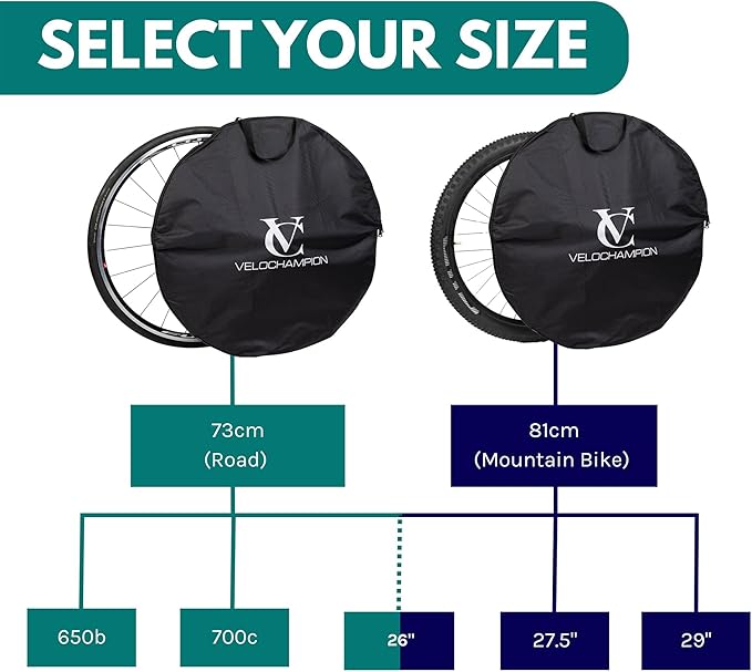 VeloChampion Waterproof Bicycle Wheel Bag Storage Cover | Mountain, Road or Gravel Bike | 650b. 700c. 26” 27.5” 29” Bicycle Wheelset Transport Travel Case (Black, 31.8" (MTB) x1)