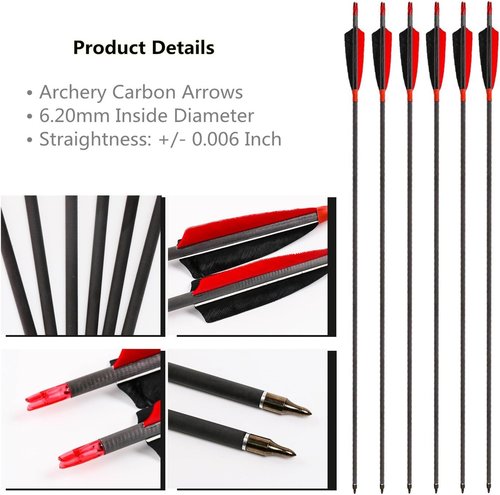 Archery Carbon Arrows 400 Spine with 4” Real Feather Fletching 100 Grain Points for Compound Recurve Longbow (12 Pack)