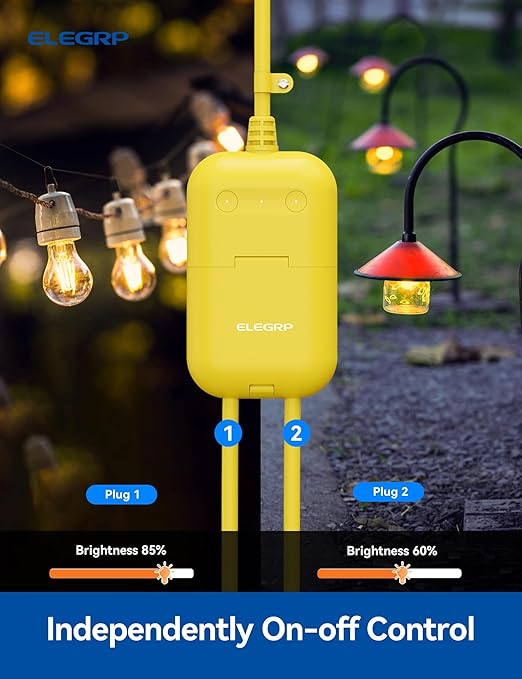 ELEGRP Outdoor Smart Dimmer Plug Waterproof IP66, Smart WiFi Plug with 2 Individually Sockets, Compatible with Alexa & Google Assistant, Outdoor Dimmer for String Lights, UL Listed, 1 Pack, Yellow