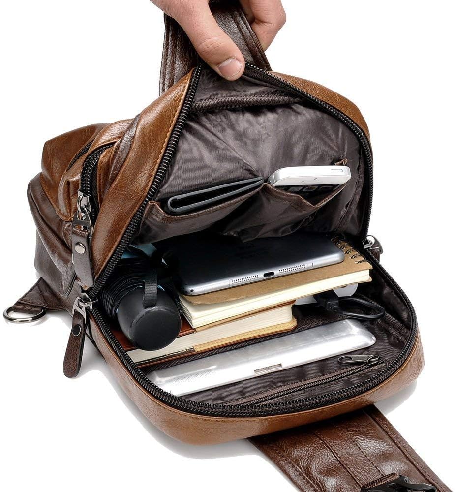 Small Black Sling Crossbody Backpack Shoulder Bag for Men Women Vintage PU Leather Sling Backpack Cycling
